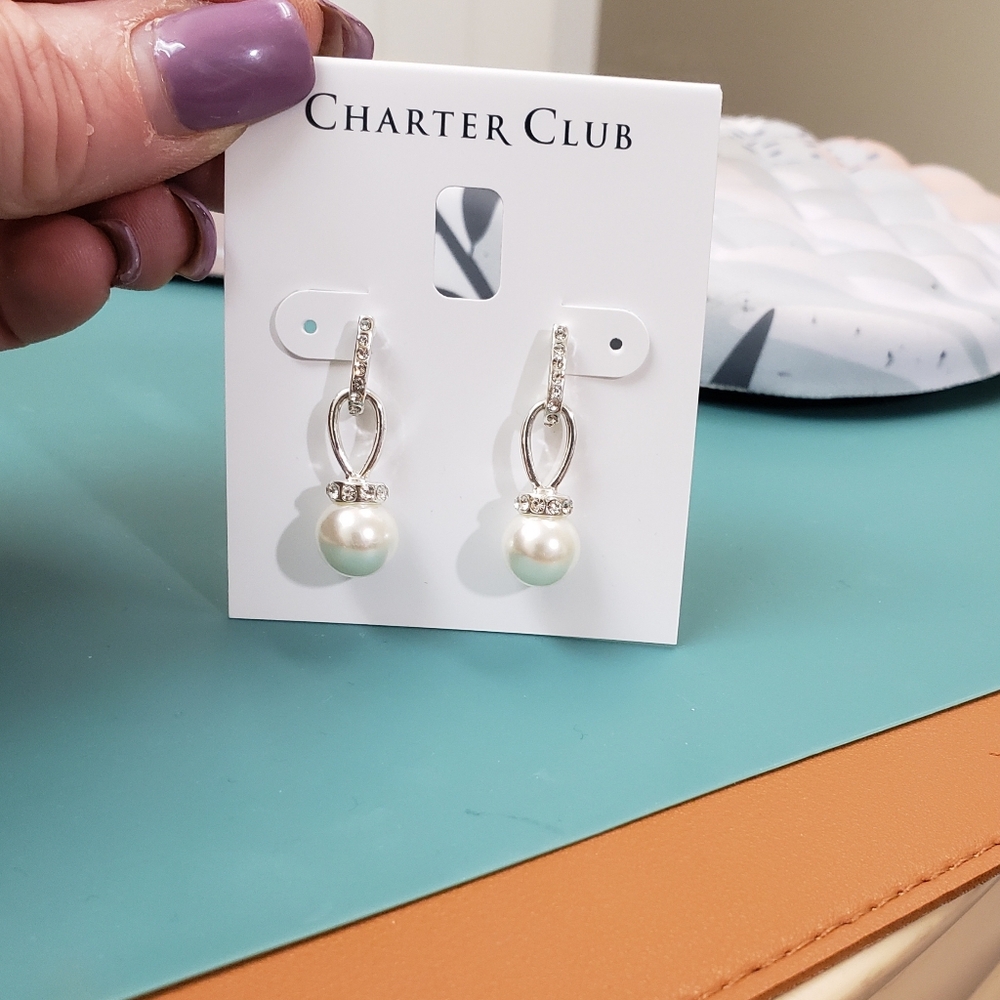Charter Club, NWT, Silver tone pearl drop dangle jeweled pierced earrings - Picture 8 of 10